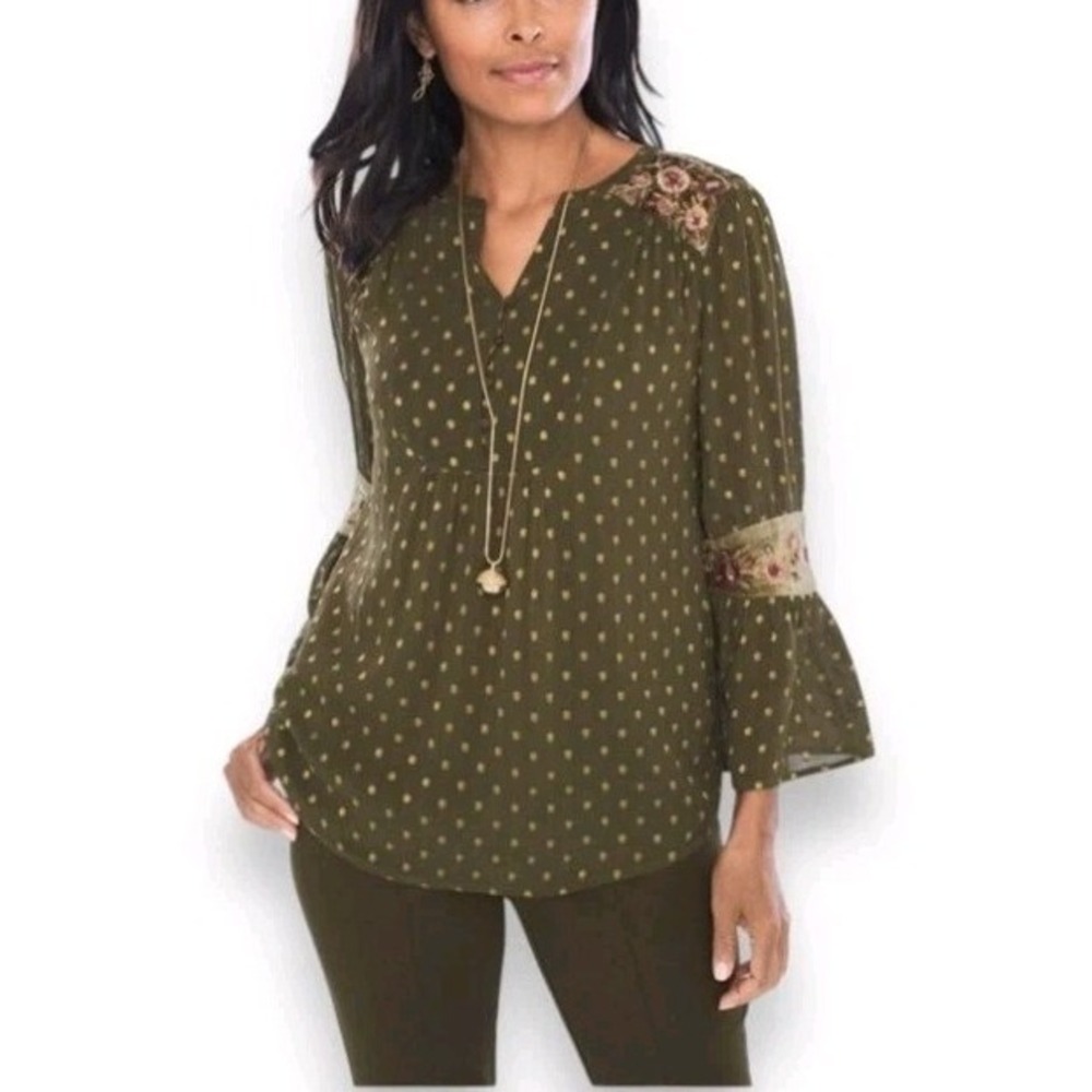 Chicos Peasant Top Womens Lg Green Gold Polka Dot Floral Embroidery Velvet Boho
